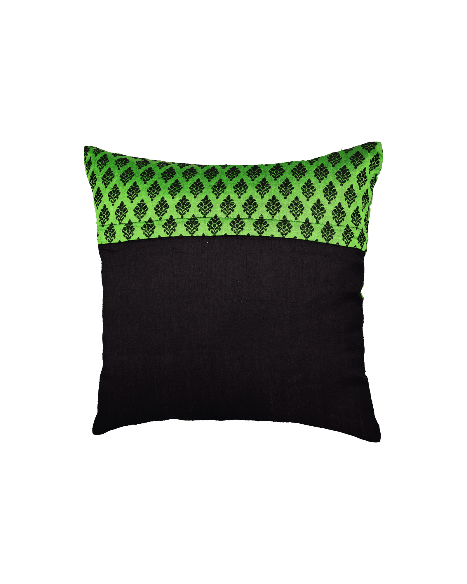 Green Banarasi Damask Buti Poly Silk Cushion Cover 16" - By HolyWeaves, Benares