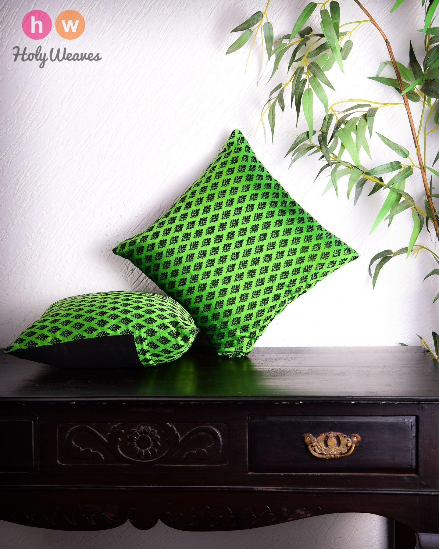 Green Banarasi Damask Buti Poly Silk Cushion Cover 16" - By HolyWeaves, Benares
