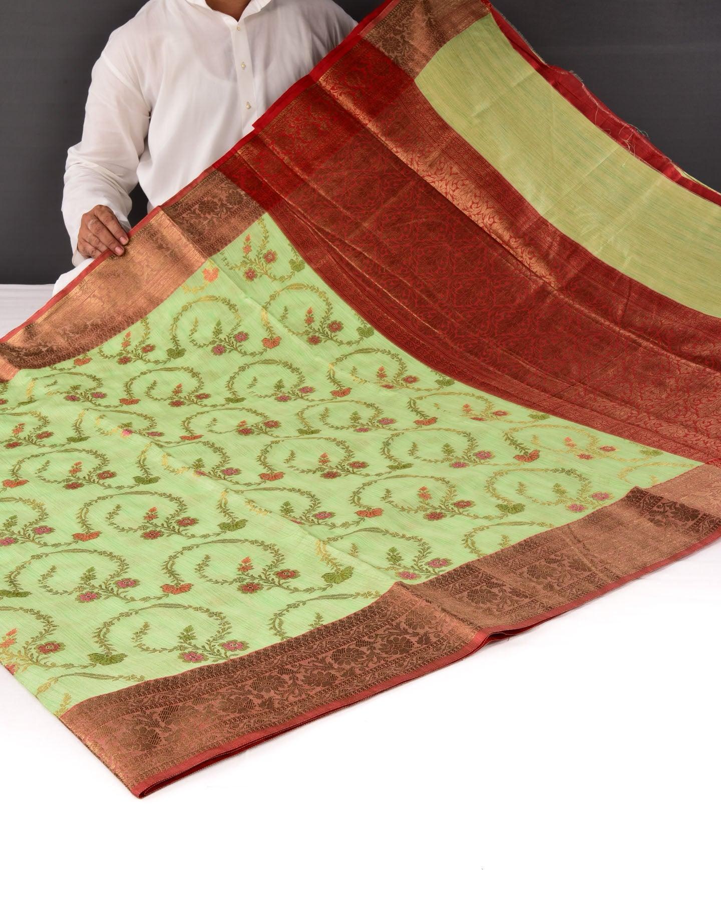 Green Banarasi Floral Jaal Cutwork Brocade Woven Art Cotton Silk Saree with Contrast Border - By HolyWeaves, Benares