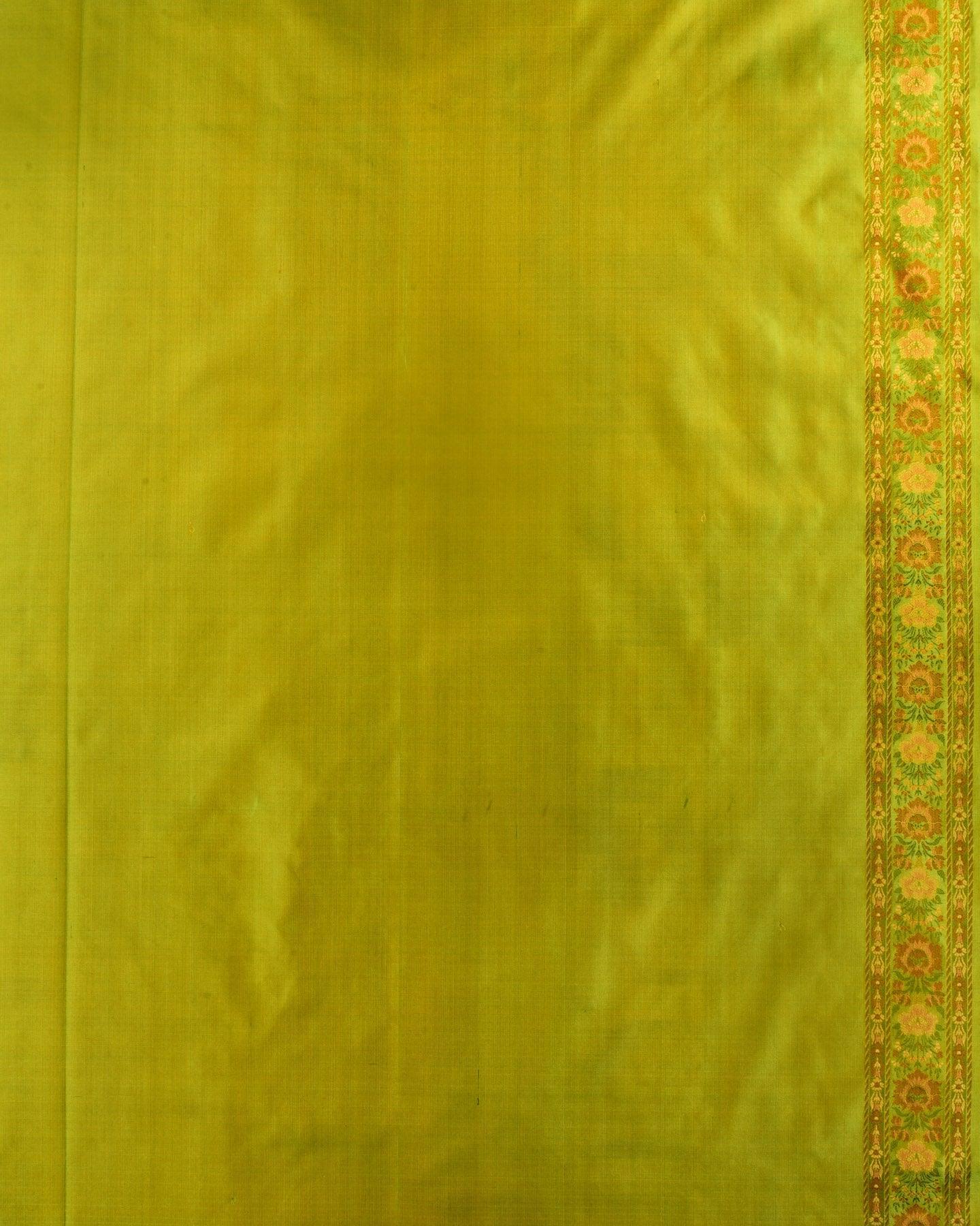 Green Banarasi Floral Jaal Tehri Jamawar Handwoven Katan Silk Saree with Contrast Blue Border Pallu - By HolyWeaves, Benares