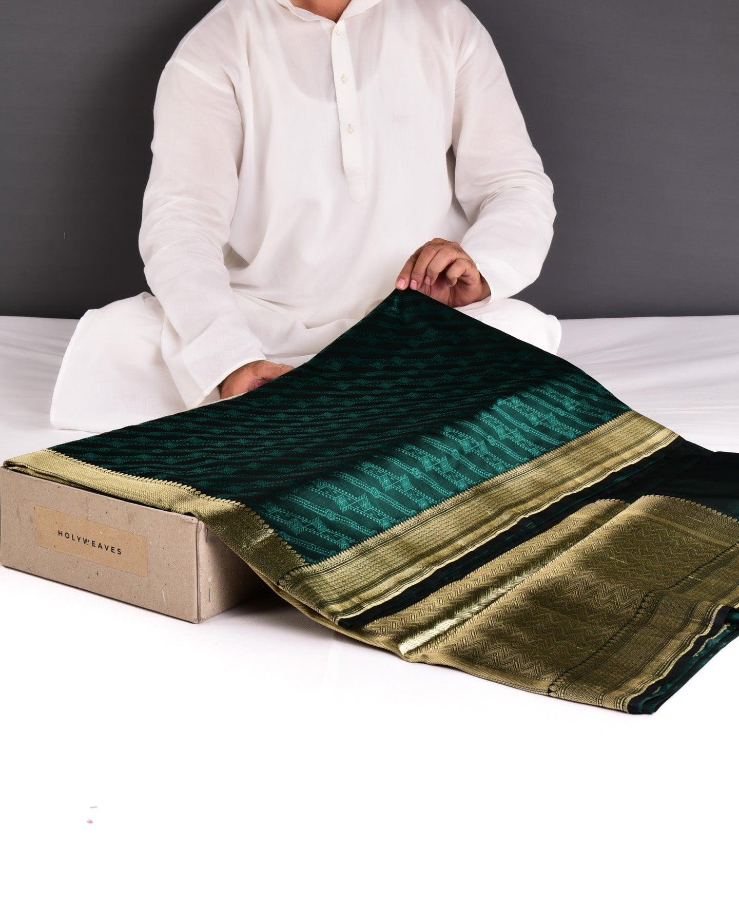 Green Banarasi Geometrical Aada Jaal Resham Tanchoi Handwoven Katan Silk Saree with Zari Brocade Border Pallu - By HolyWeaves, Benares