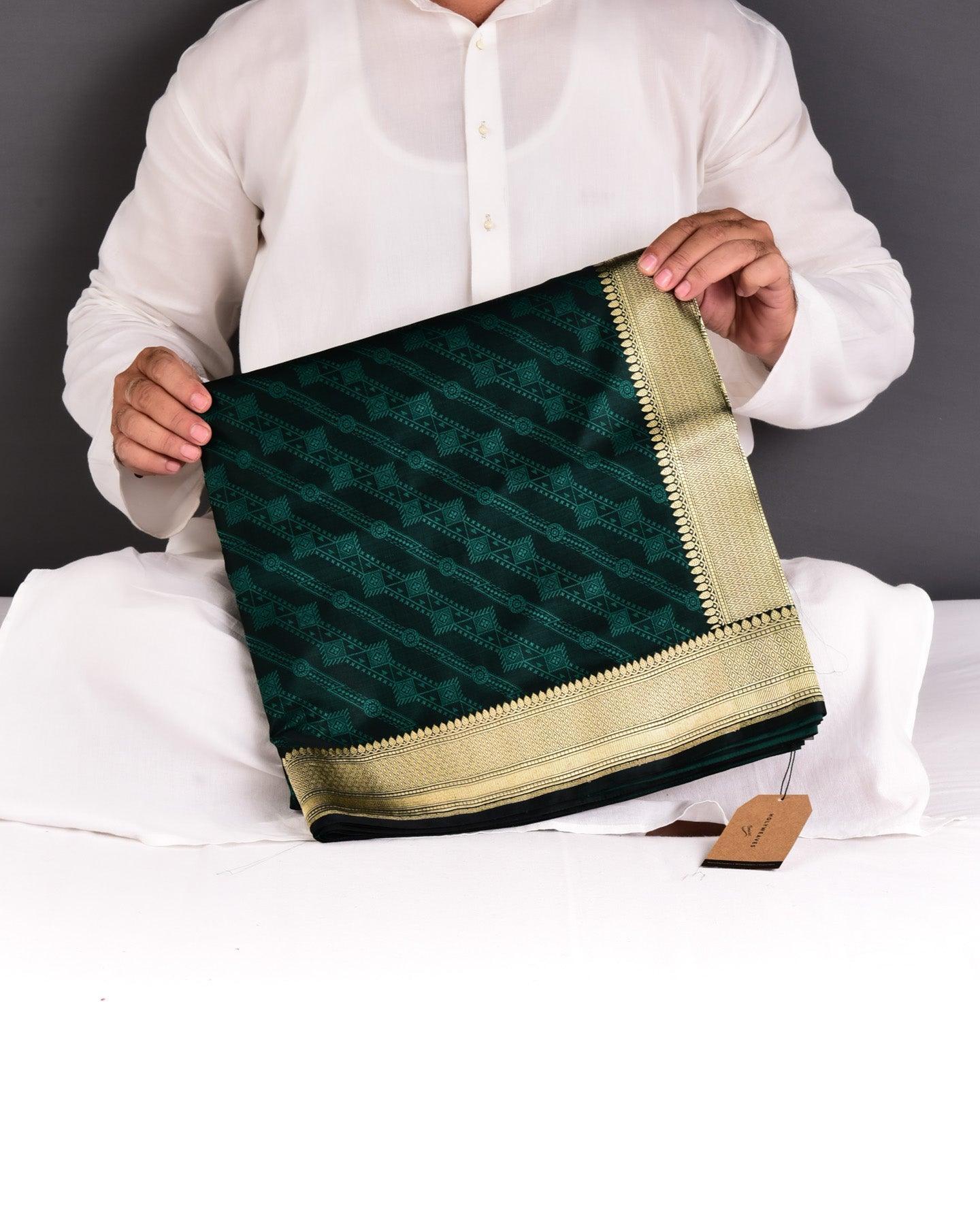 Green Banarasi Geometrical Aada Jaal Resham Tanchoi Handwoven Katan Silk Saree with Zari Brocade Border Pallu - By HolyWeaves, Benares