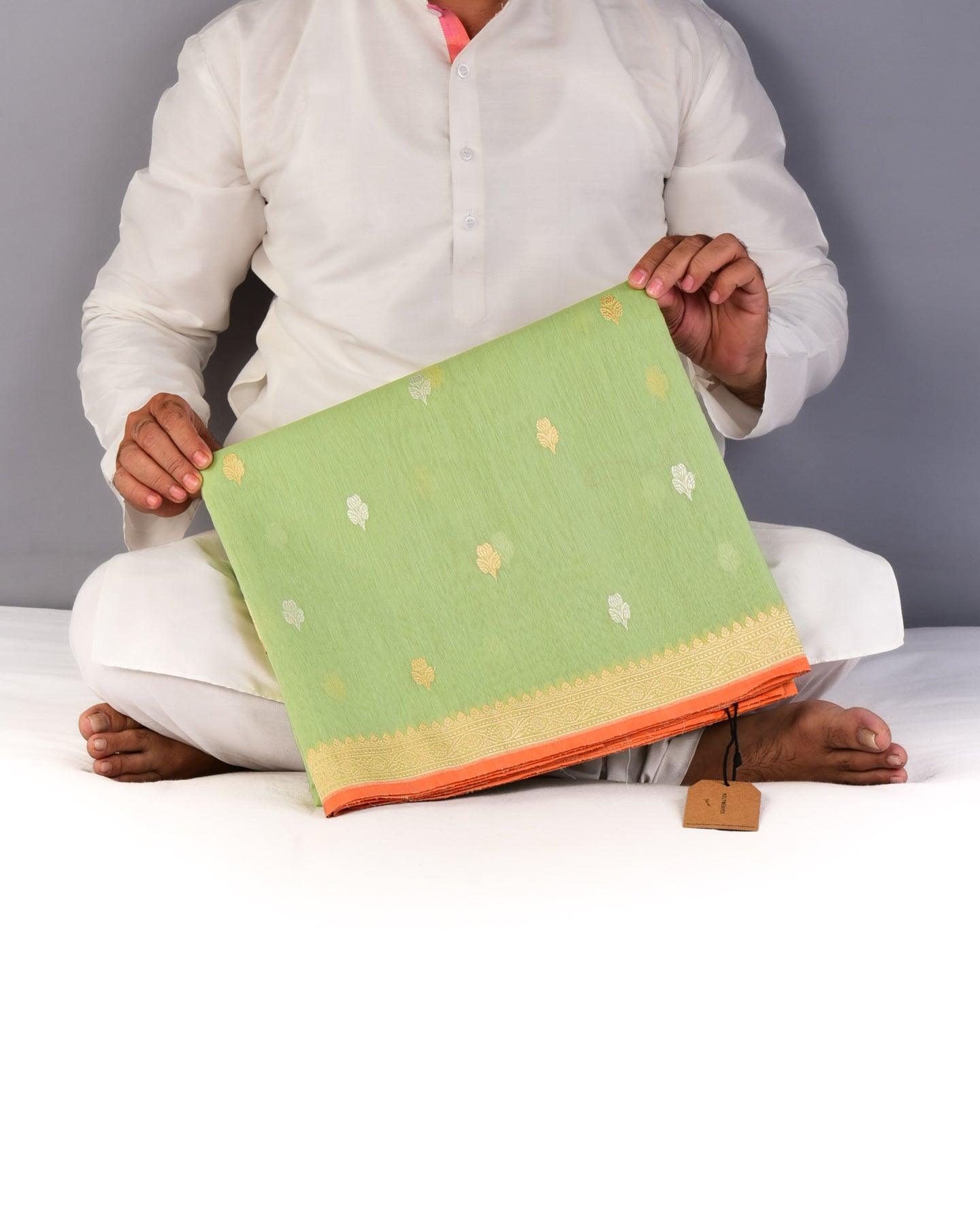 Green Banarasi Gold & Silver Buti Kadhuan Brocade Handwoven Cotton Silk Saree - By HolyWeaves, Benares