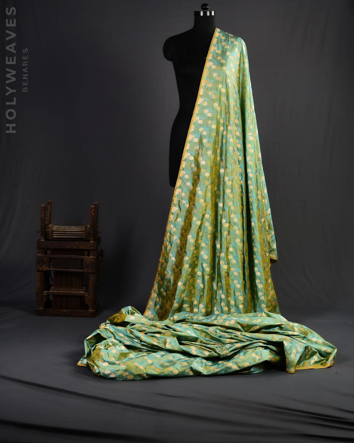 Green Banarasi Gulab Zari Buti Tanchoi Brocade Handwoven Katan Silk Fabric - By HolyWeaves, Benares