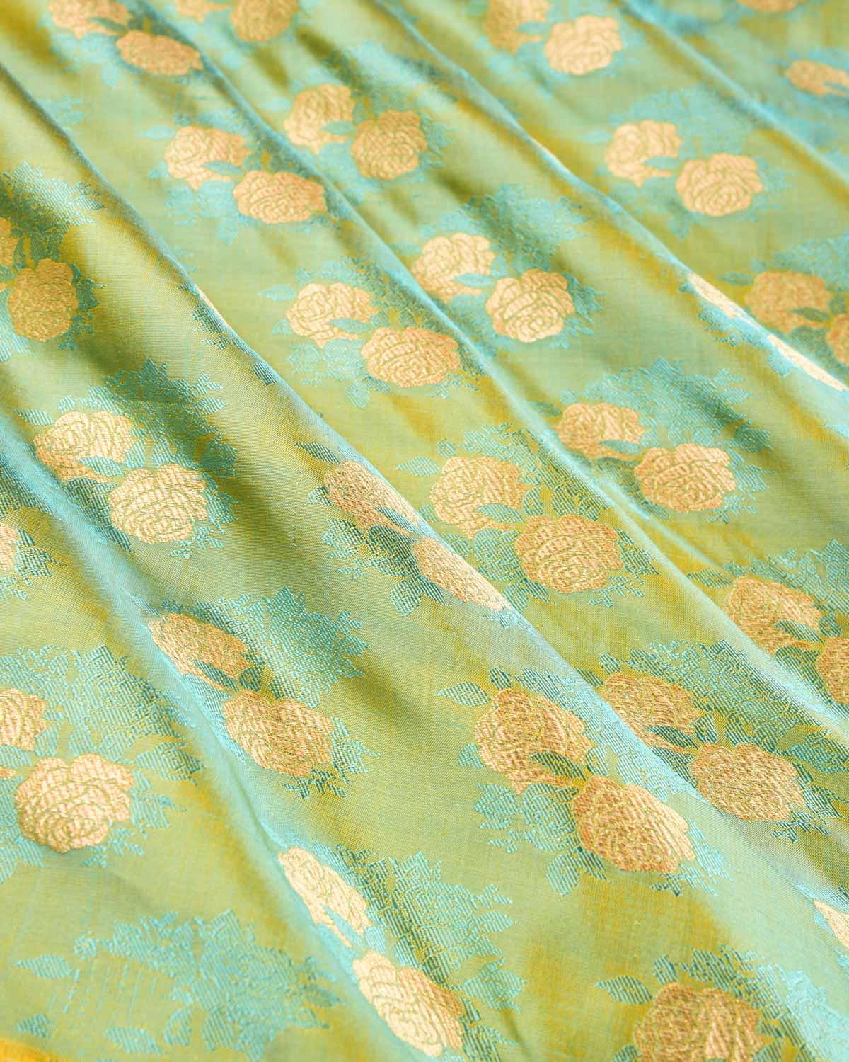 Green Banarasi Gulab Zari Buti Tanchoi Brocade Handwoven Katan Silk Fabric - By HolyWeaves, Benares
