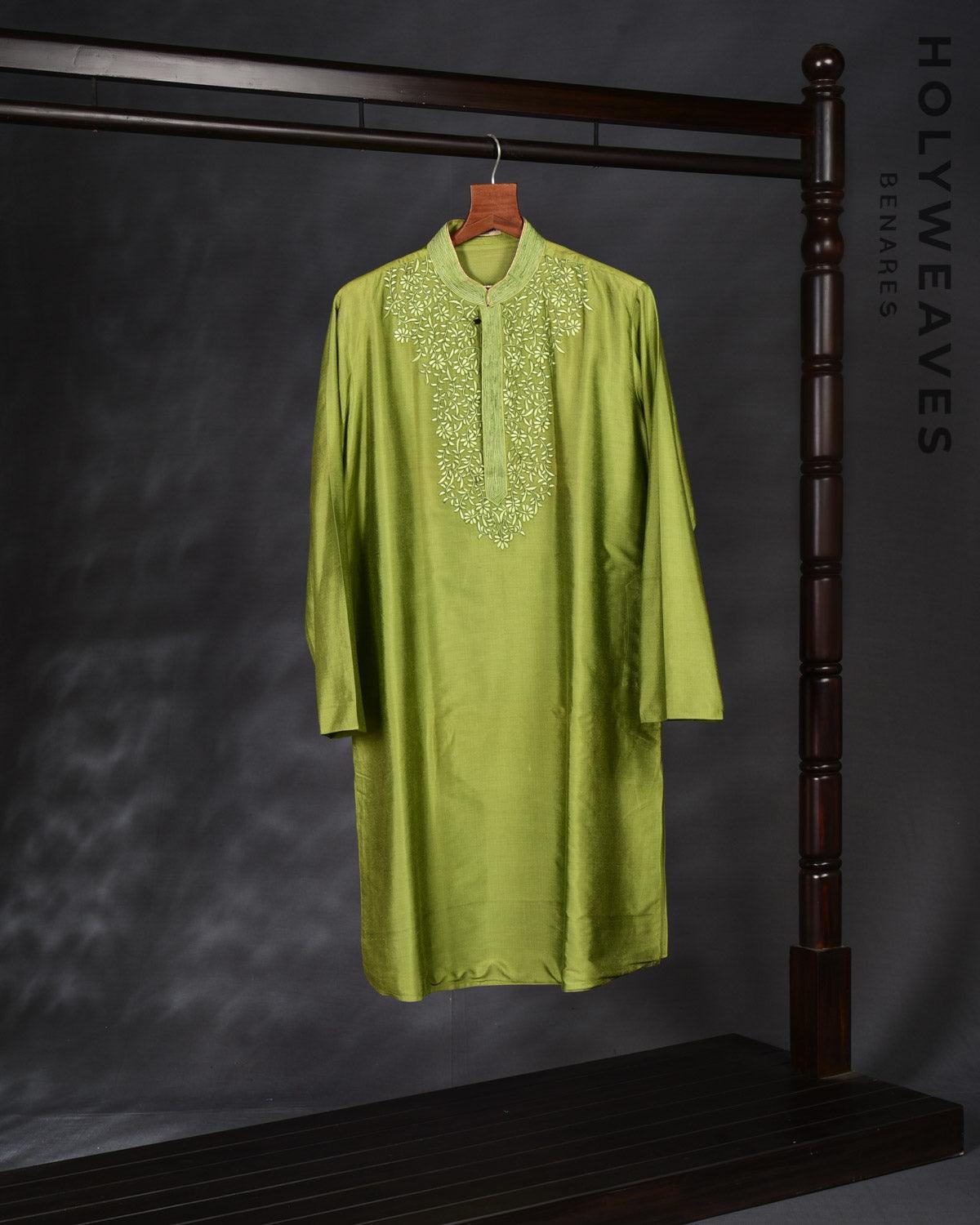 Green Banarasi Hand-embroidered Cotton Silk Mens Kurta Pyjama - By HolyWeaves, Benares