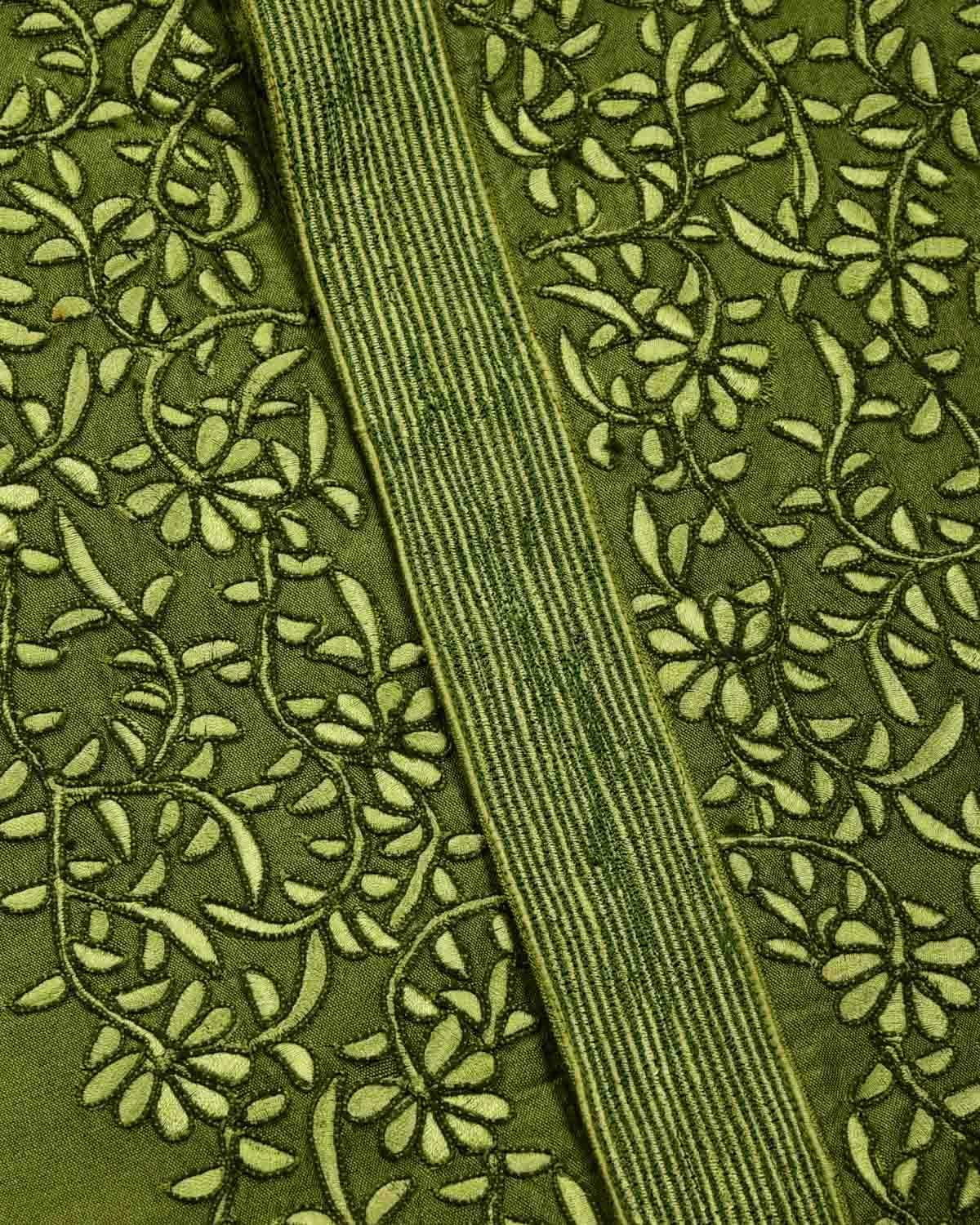 Green Banarasi Hand-embroidered Cotton Silk Mens Kurta Pyjama - By HolyWeaves, Benares