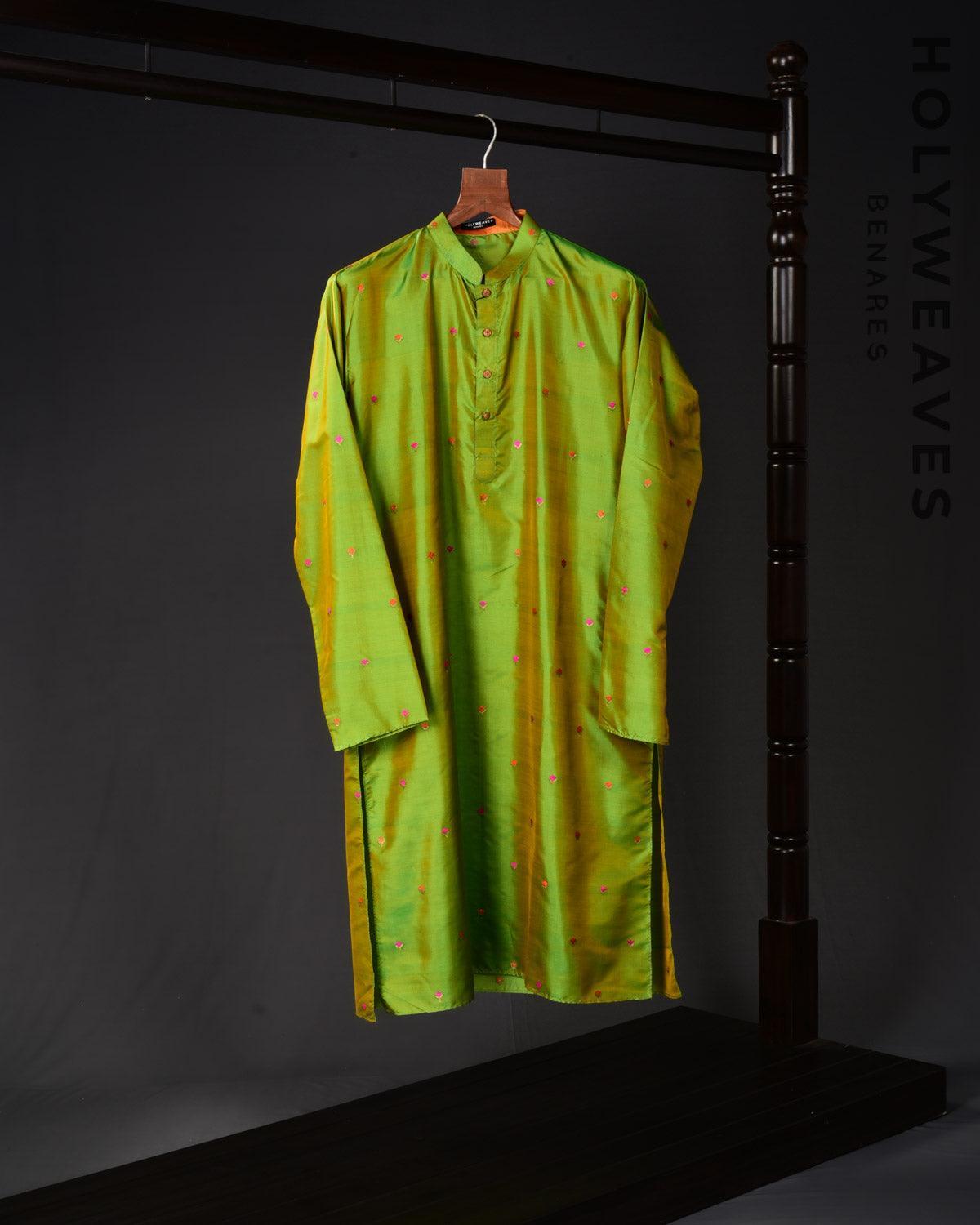 Green Banarasi Kadhuan Buti Katan Silk Mens Kurta Pyjama - By HolyWeaves, Benares