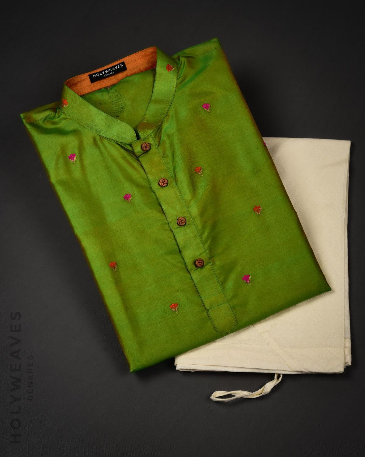Green Banarasi Kadhuan Buti Katan Silk Mens Kurta Pyjama - By HolyWeaves, Benares