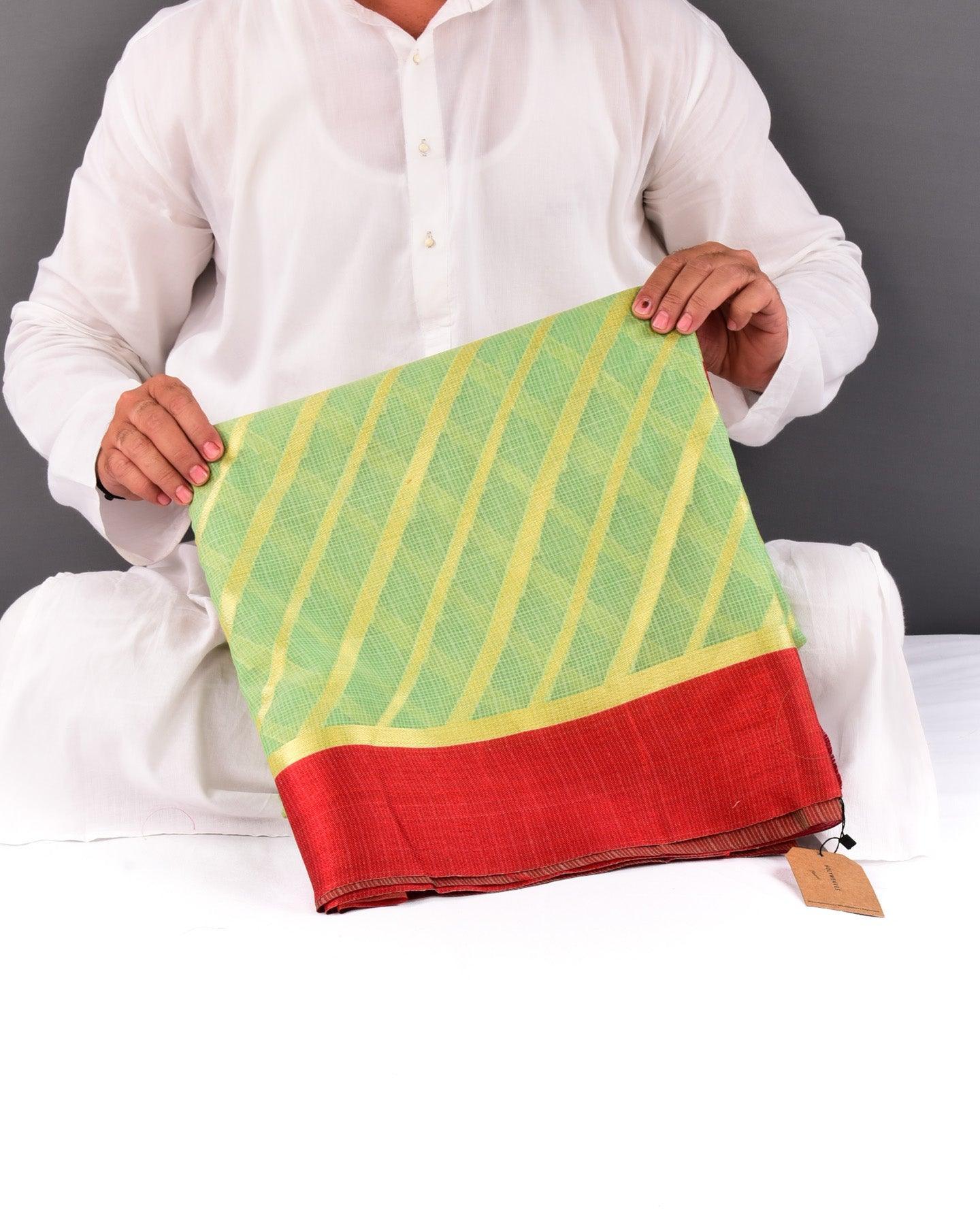 Green Banarasi Kota Check Leheriya Zari Stripes Cutwork Brocade Woven Blended Cotton Silk Saree - By HolyWeaves, Benares