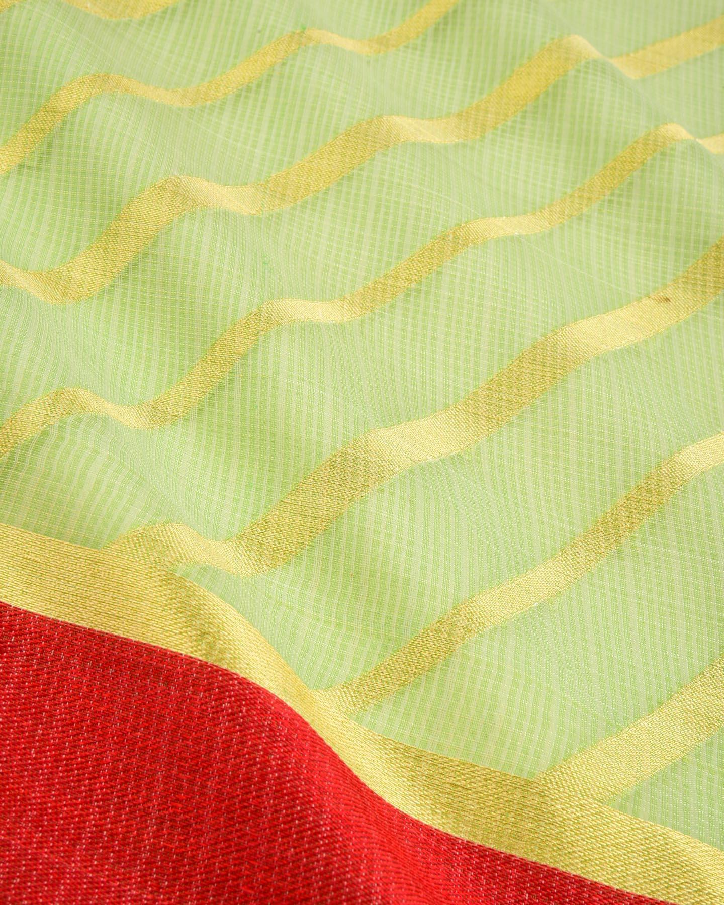 Green Banarasi Kota Check Leheriya Zari Stripes Cutwork Brocade Woven Blended Cotton Silk Saree - By HolyWeaves, Benares
