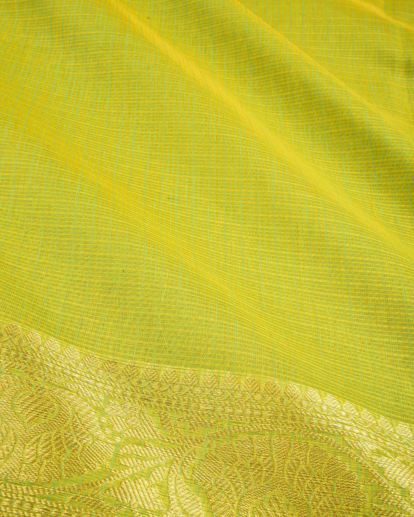 Green Banarasi Kota Check Zari Border Brocade Woven Blended Cotton Silk Saree - By HolyWeaves, Benares