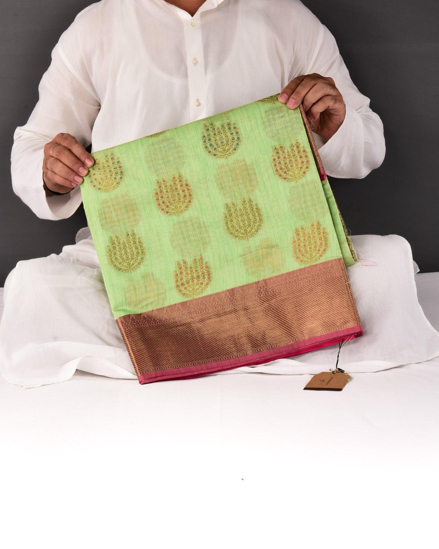 Green Banarasi Meena-Zari Buta Cutwork Brocade Woven Art Cotton Silk Saree with Contrast Border - By HolyWeaves, Benares