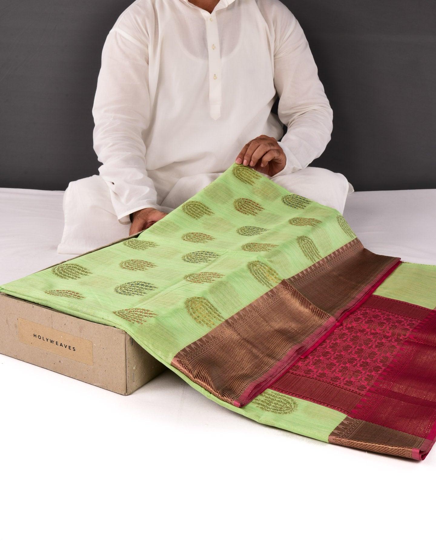 Green Banarasi Meena-Zari Buta Cutwork Brocade Woven Art Cotton Silk Saree with Contrast Border - By HolyWeaves, Benares