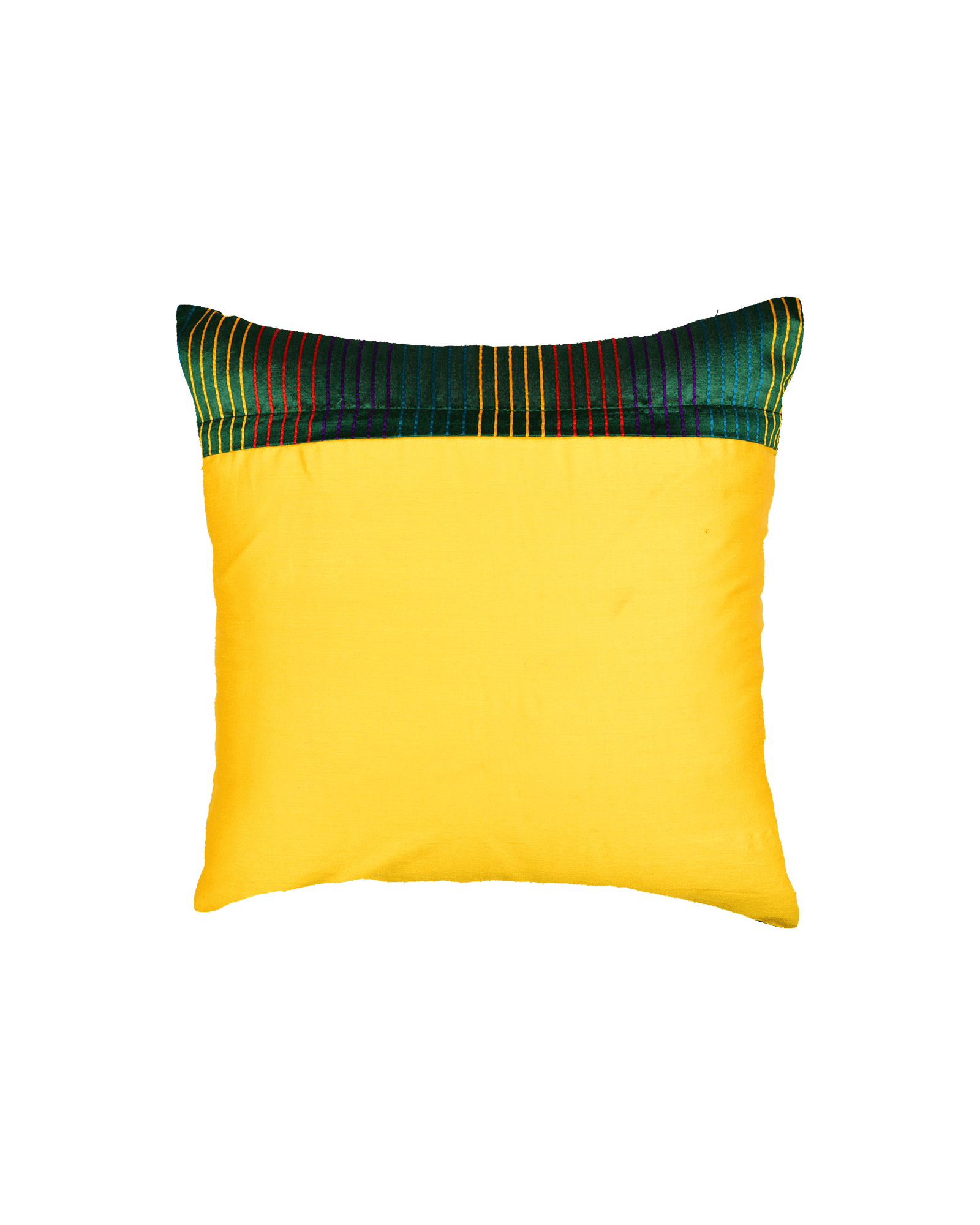 Green Banarasi Multi-color Stripes Poly Silk Cushion Cover 16" - By HolyWeaves, Benares
