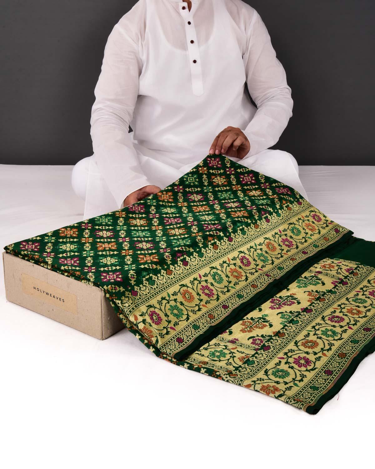 Green Banarasi Patola Tehra Meena Cutwork Brocade Handwoven Katan Silk Saree - By HolyWeaves, Benares