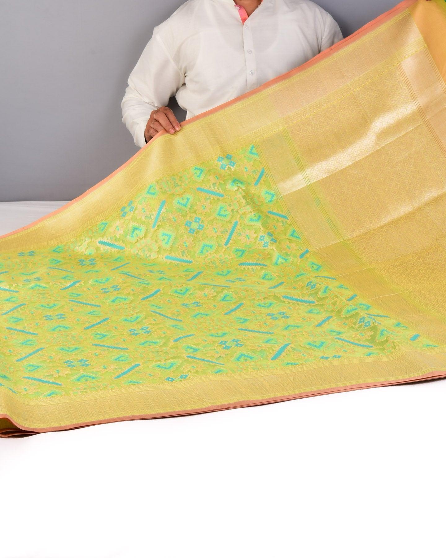 Green Banarasi Patola Tehri Cutwork Brocade Handwoven Kora Silk Saree - By HolyWeaves, Benares