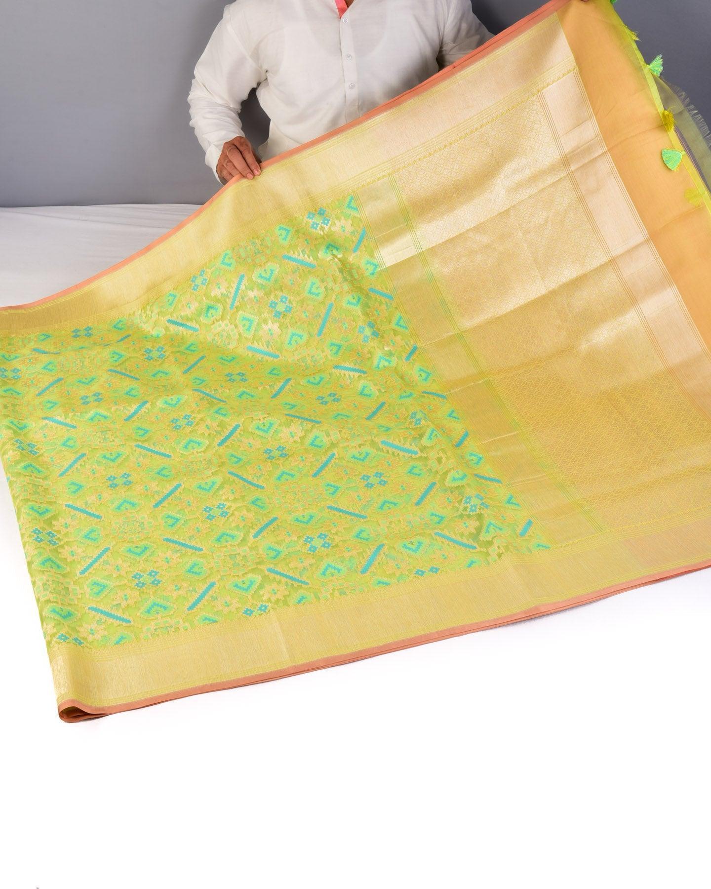 Green Banarasi Patola Tehri Cutwork Brocade Handwoven Kora Silk Saree - By HolyWeaves, Benares