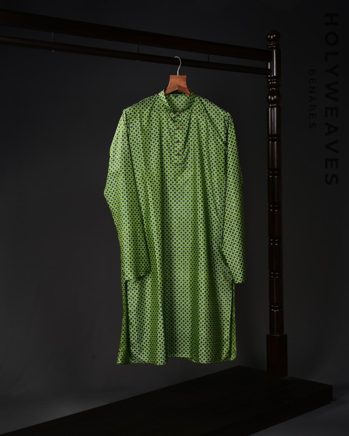 Green Banarasi Printed Silk Mens Kurta Pyjama - By HolyWeaves, Benares