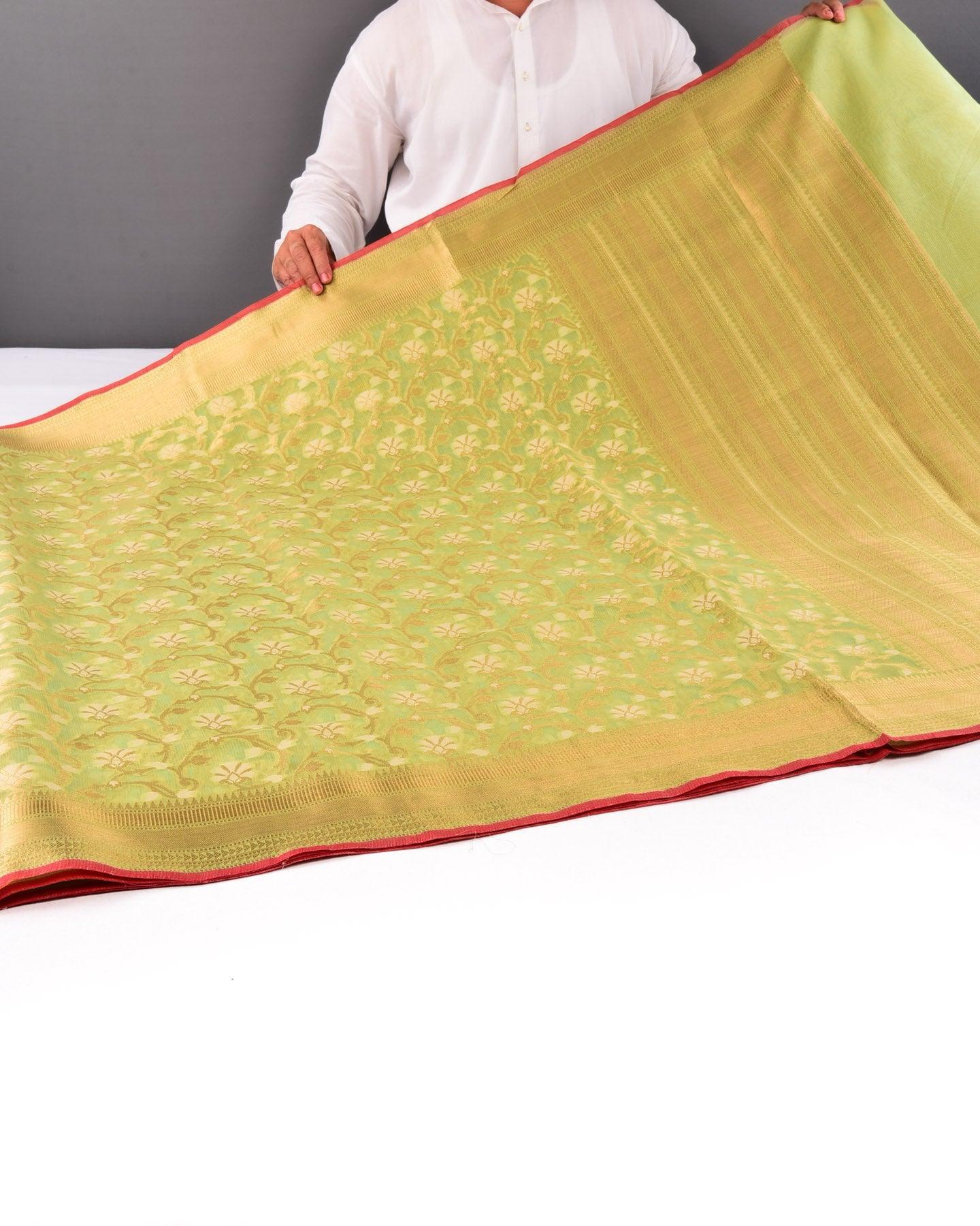 Green Banarasi Resham and Zari Jaal Strip Textured Cutwork Brocade Woven Blended Cotton Silk Saree - By HolyWeaves, Benares