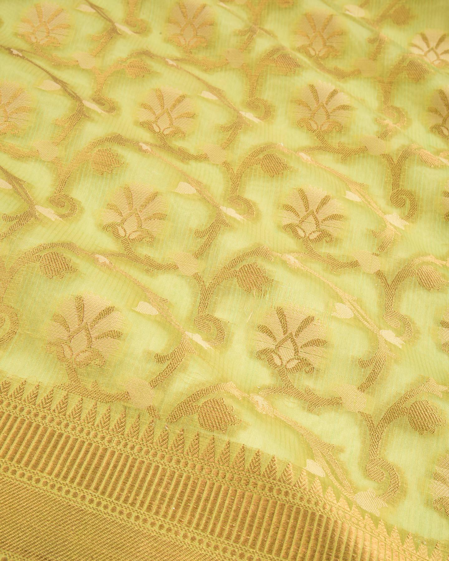 Green Banarasi Resham and Zari Jaal Strip Textured Cutwork Brocade Woven Blended Cotton Silk Saree - By HolyWeaves, Benares