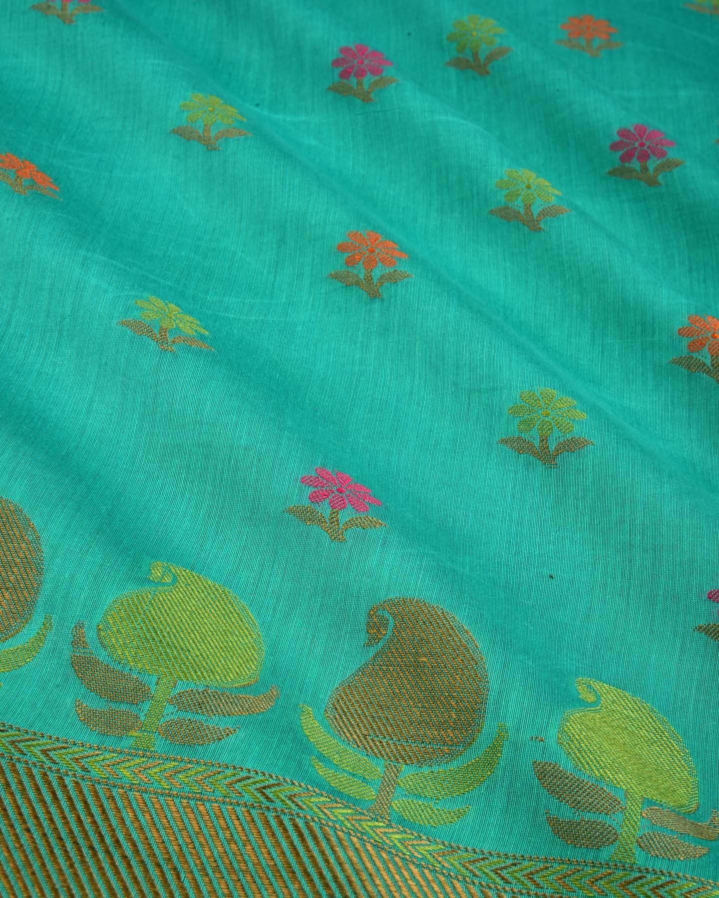 Green Banarasi Resham Buti Cutwork Brocade Woven Cotton Silk Saree with Paisley Border - By HolyWeaves, Benares