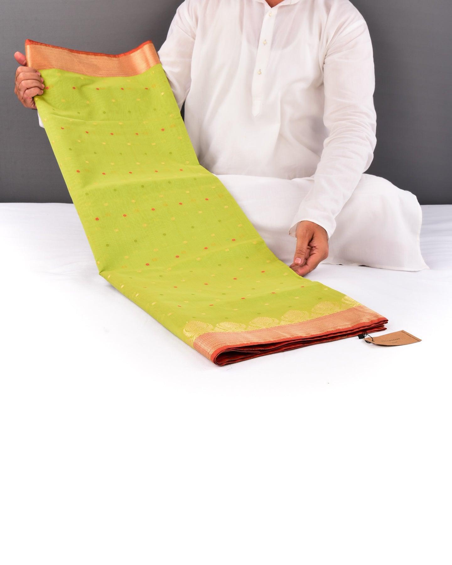 Green Banarasi Resham Polka Buti Cutwork Brocade Woven Cotton Silk Saree - By HolyWeaves, Benares