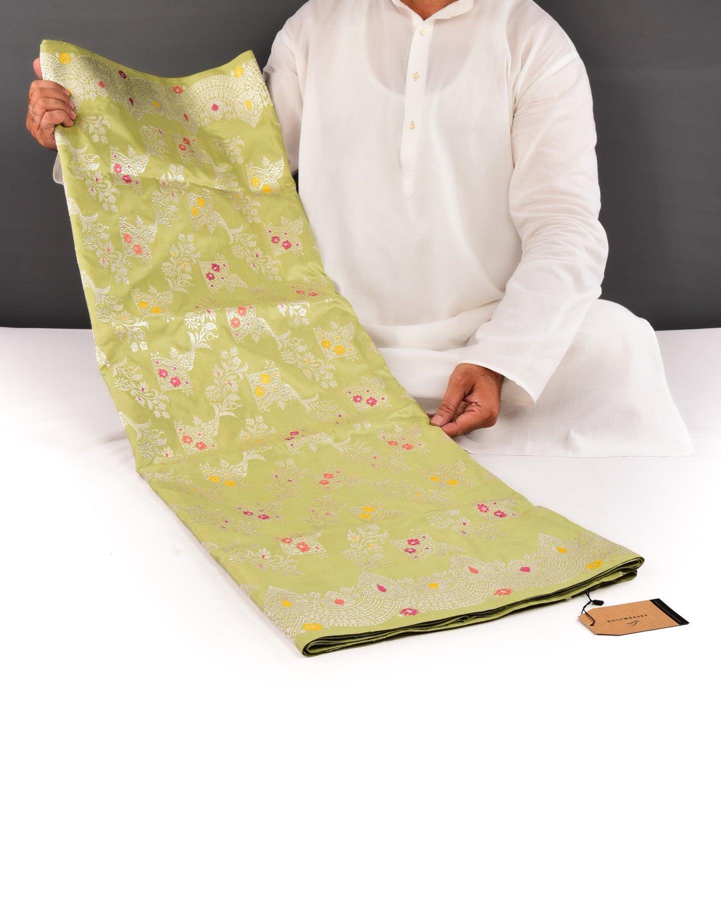 Green Banarasi Silver Zari Jangla Kadhuan Brocade Handwoven Katan Silk Saree with Meenakari Work - By HolyWeaves, Benares