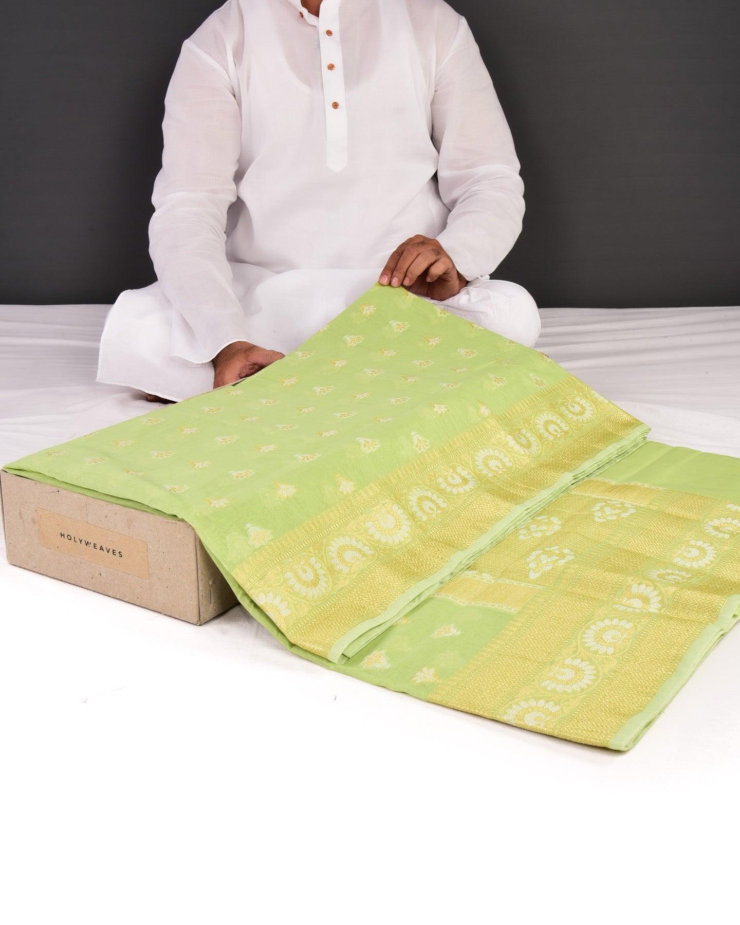 Green Banarasi Sona Rupa Zari Cutwork Brocade Woven Cotton Silk Saree - By HolyWeaves, Benares