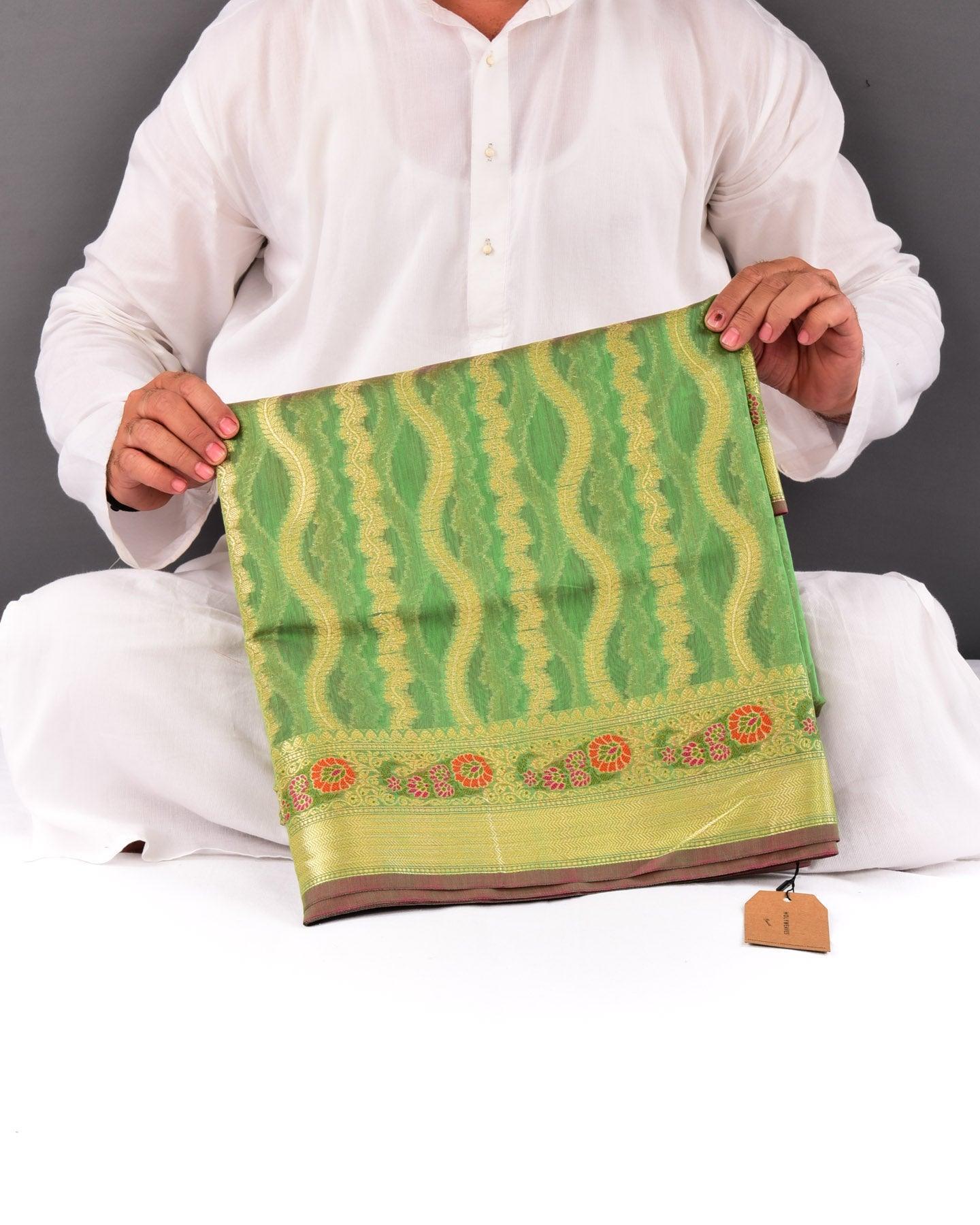 Green Banarasi Spiral Zari Stripes Cutwork Brocade Woven Cotton Silk Saree with Meena Bel Brocade Border - By HolyWeaves, Benares