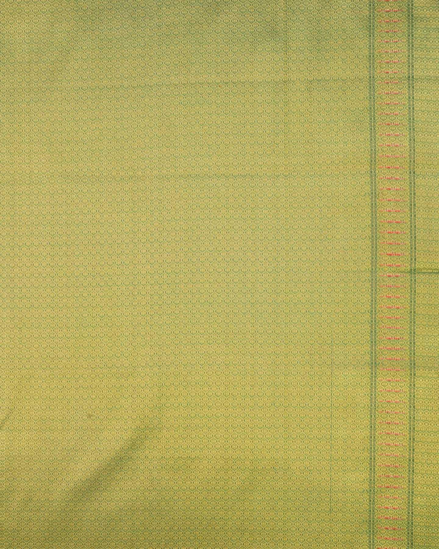 Green Banarasi Spiral Zari Stripes Cutwork Brocade Woven Cotton Silk Saree with Meena Bel Brocade Border - By HolyWeaves, Benares