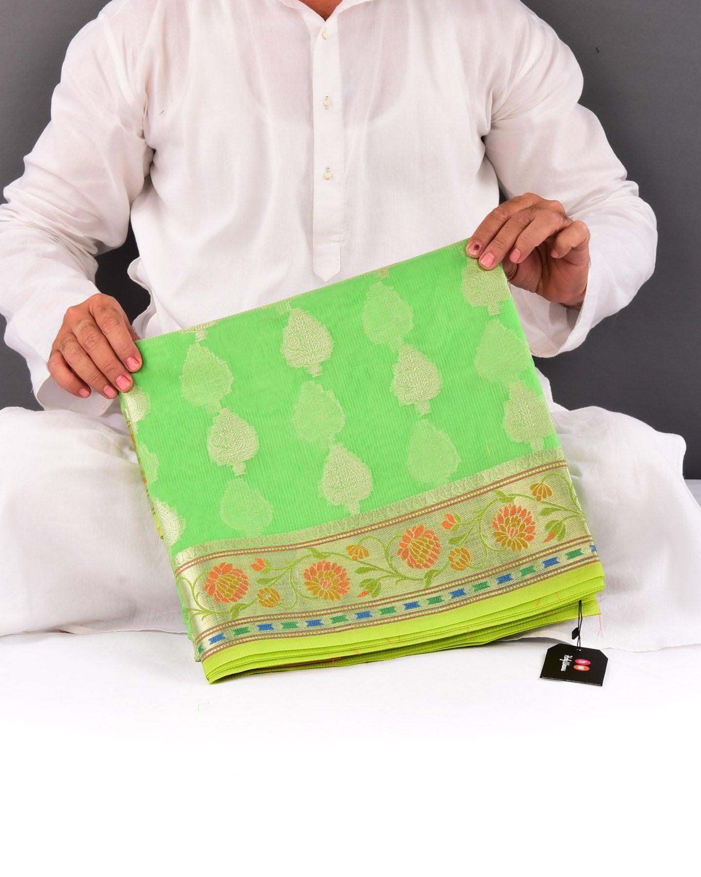 Green Banarasi Stripe Texture Weave Zari Buti Cutwork Brocade Woven Art Cotton Silk Saree with Meenekari Border - By HolyWeaves, Benares