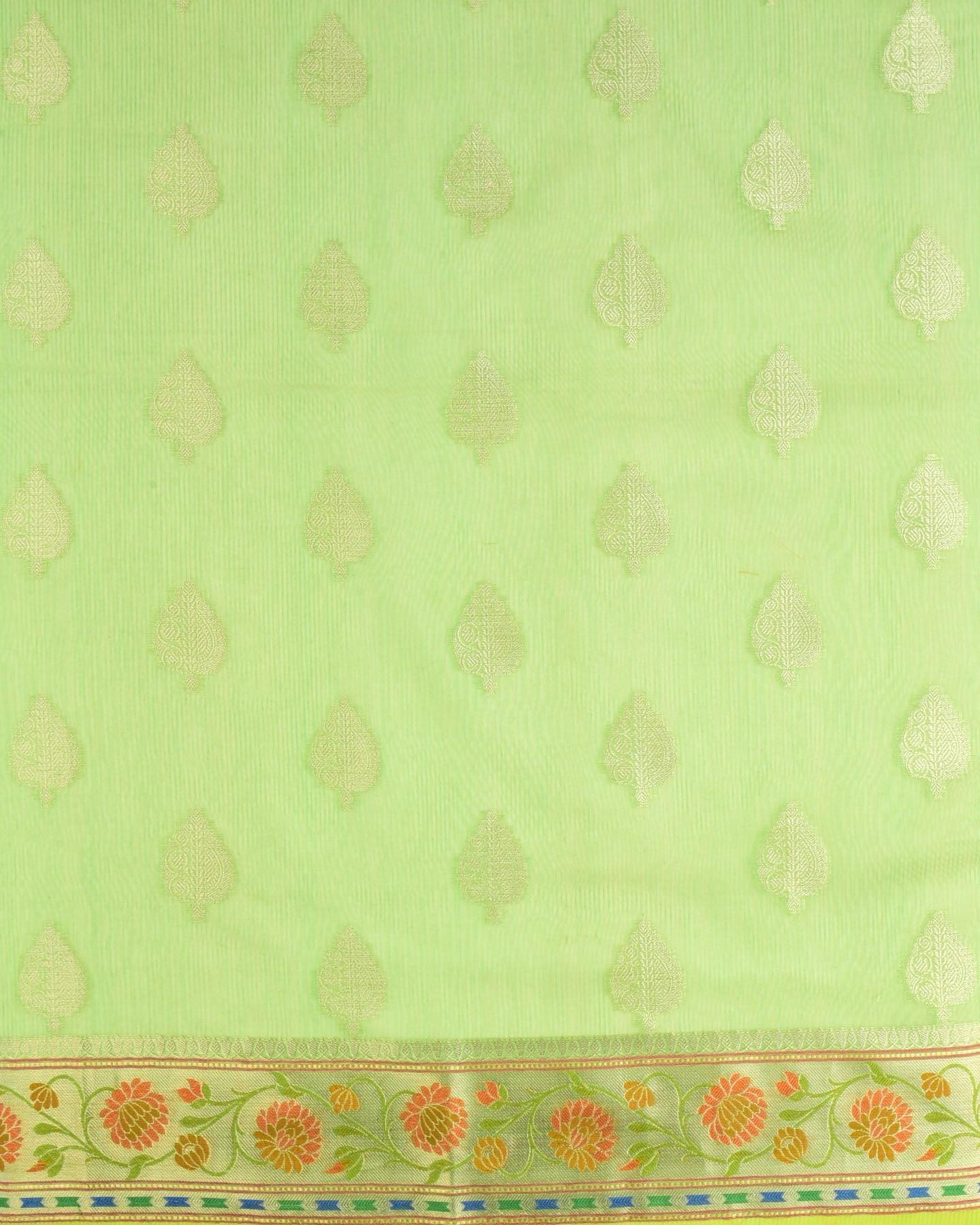 Green Banarasi Stripe Texture Weave Zari Buti Cutwork Brocade Woven Art Cotton Silk Saree with Meenekari Border - By HolyWeaves, Benares