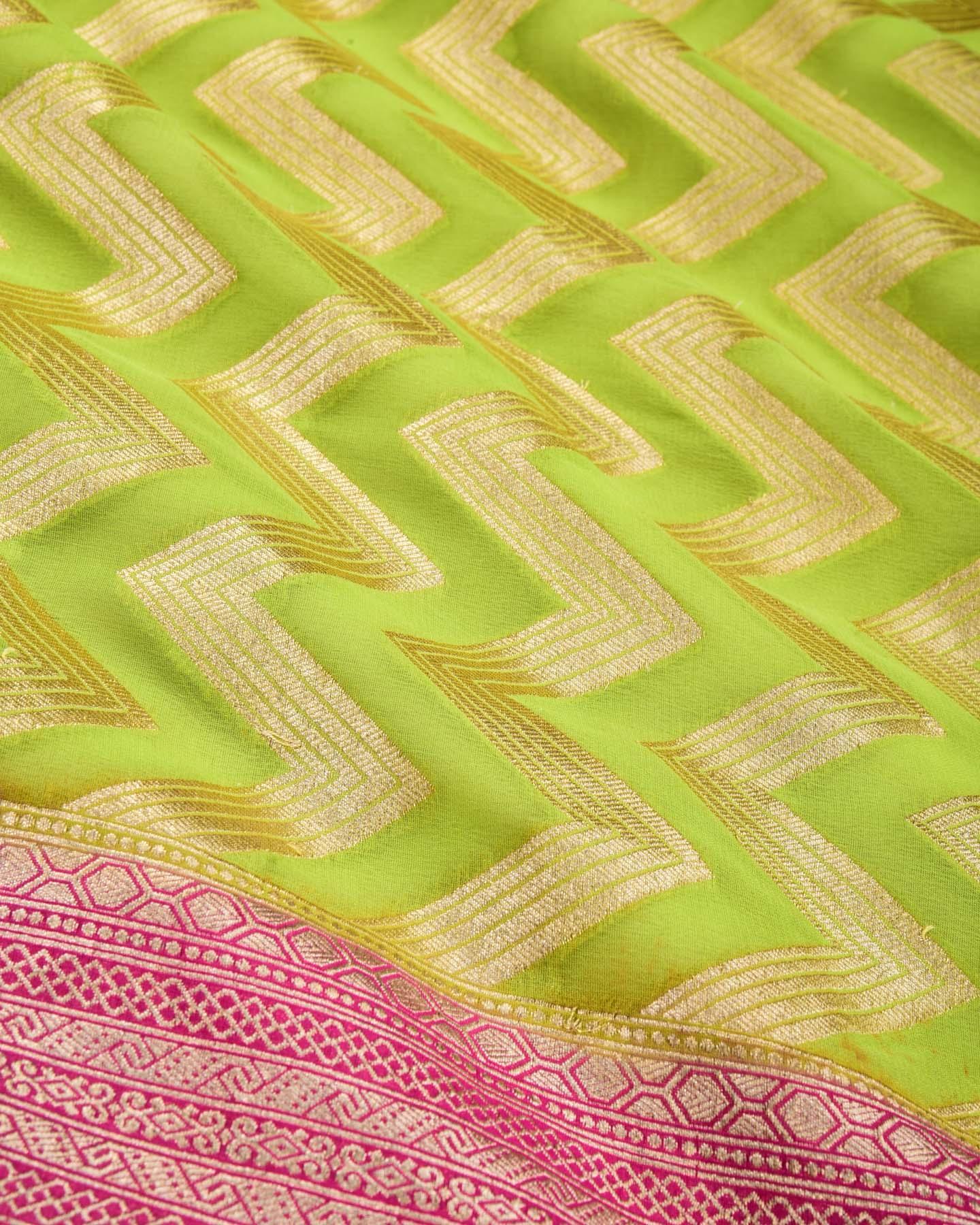 Green Banarasi Striped Chevron Cutwork Brocade Handwoven Khaddi Georgette Saree - By HolyWeaves, Benares