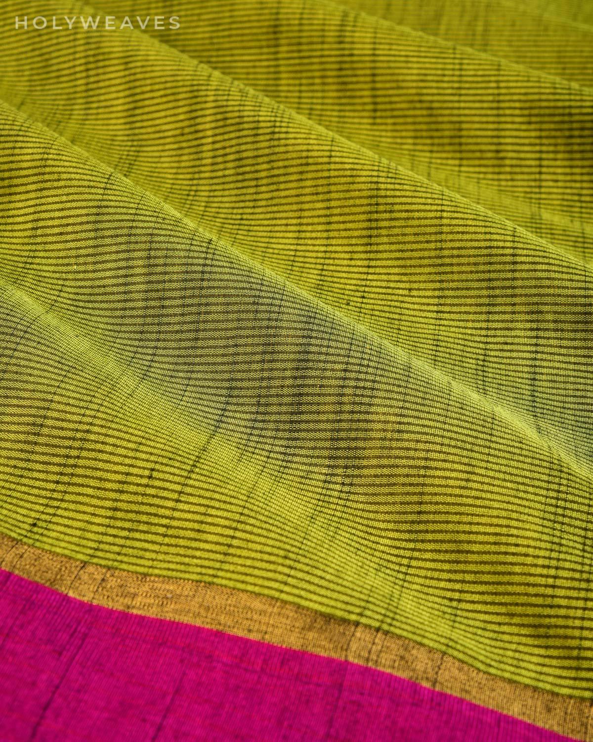 Green Banarasi Stripes Woven Poly Dupion Saree with Contrast Border & Pallu - By HolyWeaves, Benares