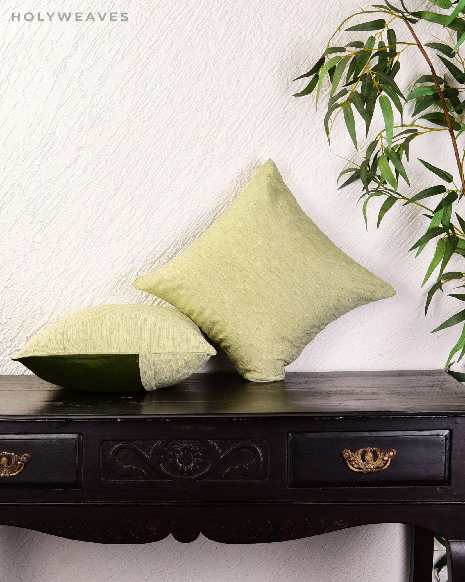 Green Banarasi Tanchoi Poly Cotton Cushion Cover 16" - By HolyWeaves, Benares