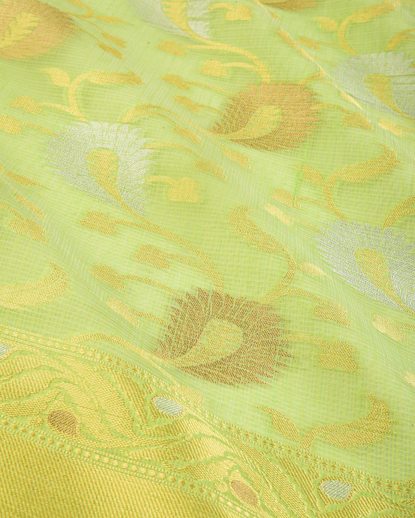 Green Banarasi Textured Weave Sona-Rupa Jaal Cutwork Brocade Woven Cotton Silk Saree - By HolyWeaves, Benares