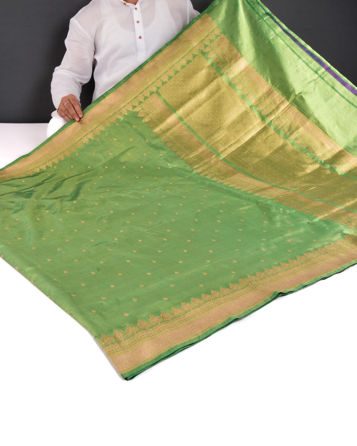 Green Banarasi Tilak Buti Light-weight Kadhuan Brocade Handwoven Katan Silk Saree - By HolyWeaves, Benares