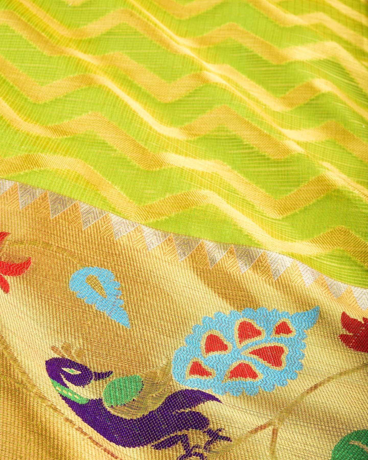 Green Banarasi Zig-Zag Cutwork Brocade Woven Kota Tissue Saree with Paithani Border - By HolyWeaves, Benares