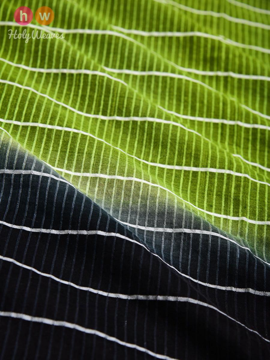 Green-Black Noil Pin Stripes Woven Cotton Silk Dupatta - By HolyWeaves, Benares