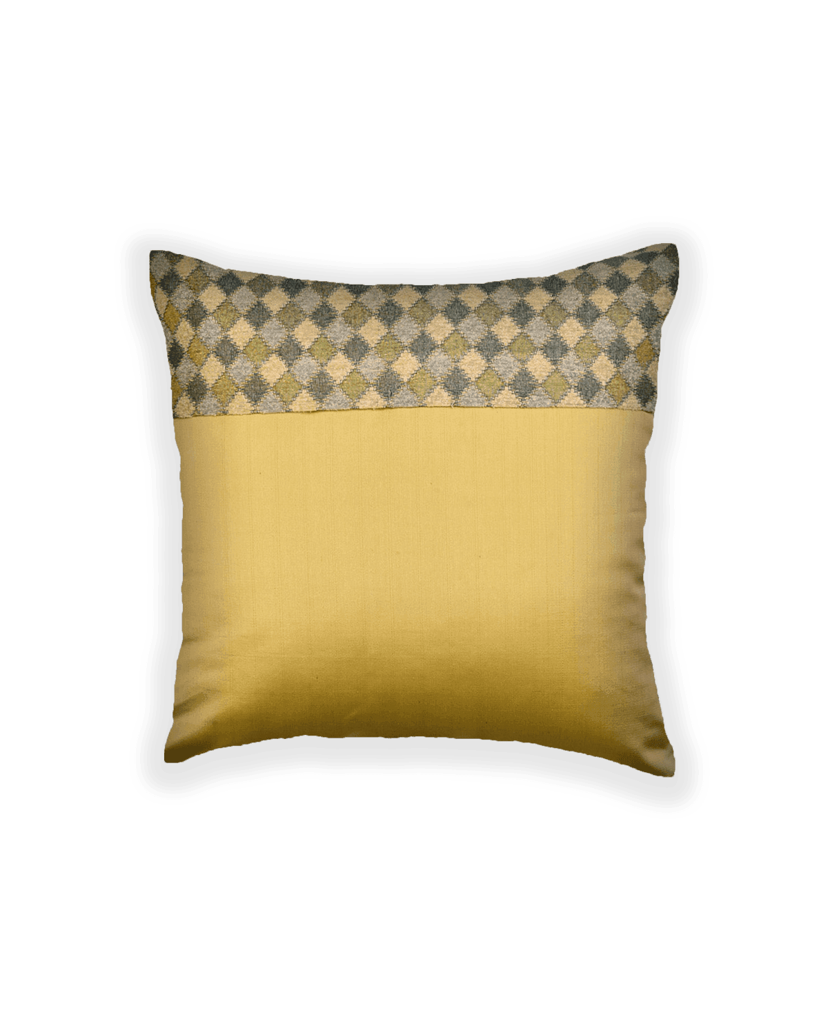 Green Brocade Handwoven Noile Silk Cushion Cover with Satin Back 16" - By HolyWeaves, Benares
