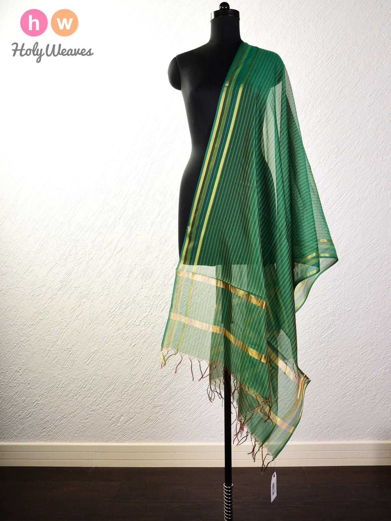 Green Candy Stripes Woven Poly Cotton Silk Dupatta - By HolyWeaves, Benares