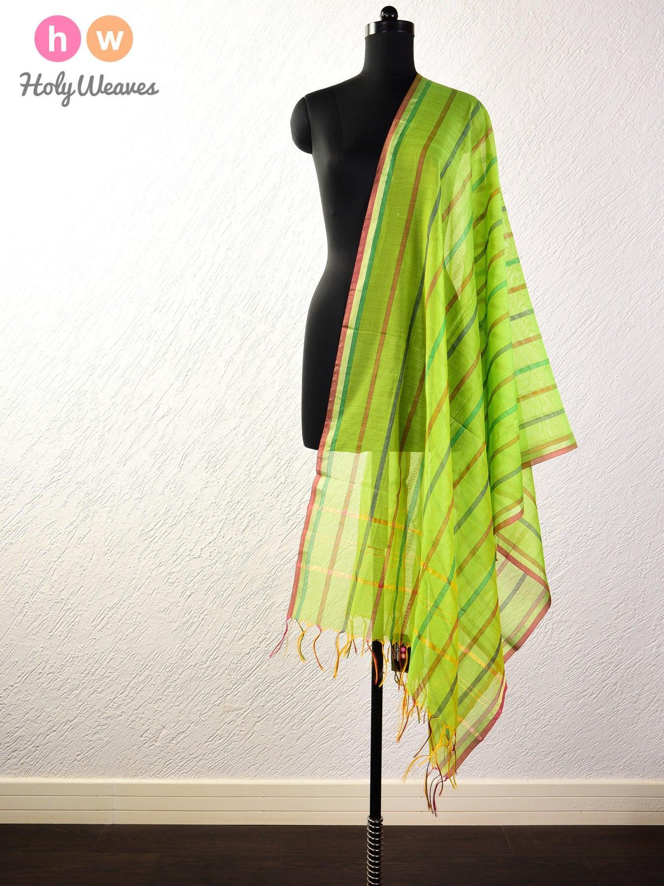 Green Colored Stripes Woven Cotton Silk Dupatta - By HolyWeaves, Benares