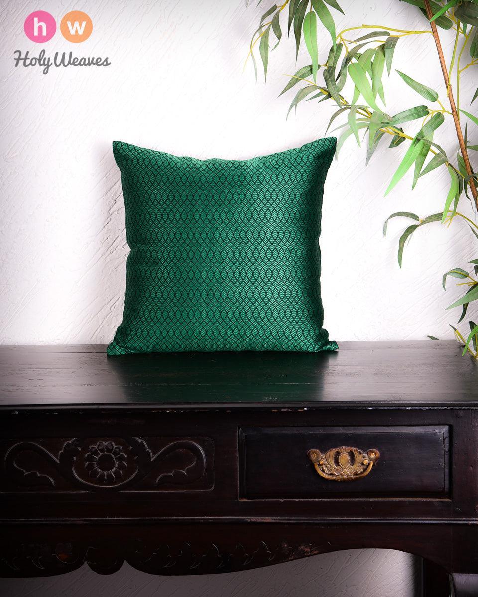 Green Geometric Illusion Poly Silk Cushion Cover 16" - By HolyWeaves, Benares