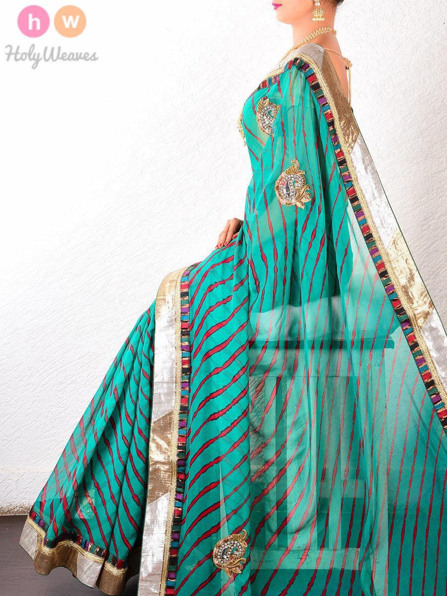 Green Georgette Bandhani Saree - By HolyWeaves, Benares