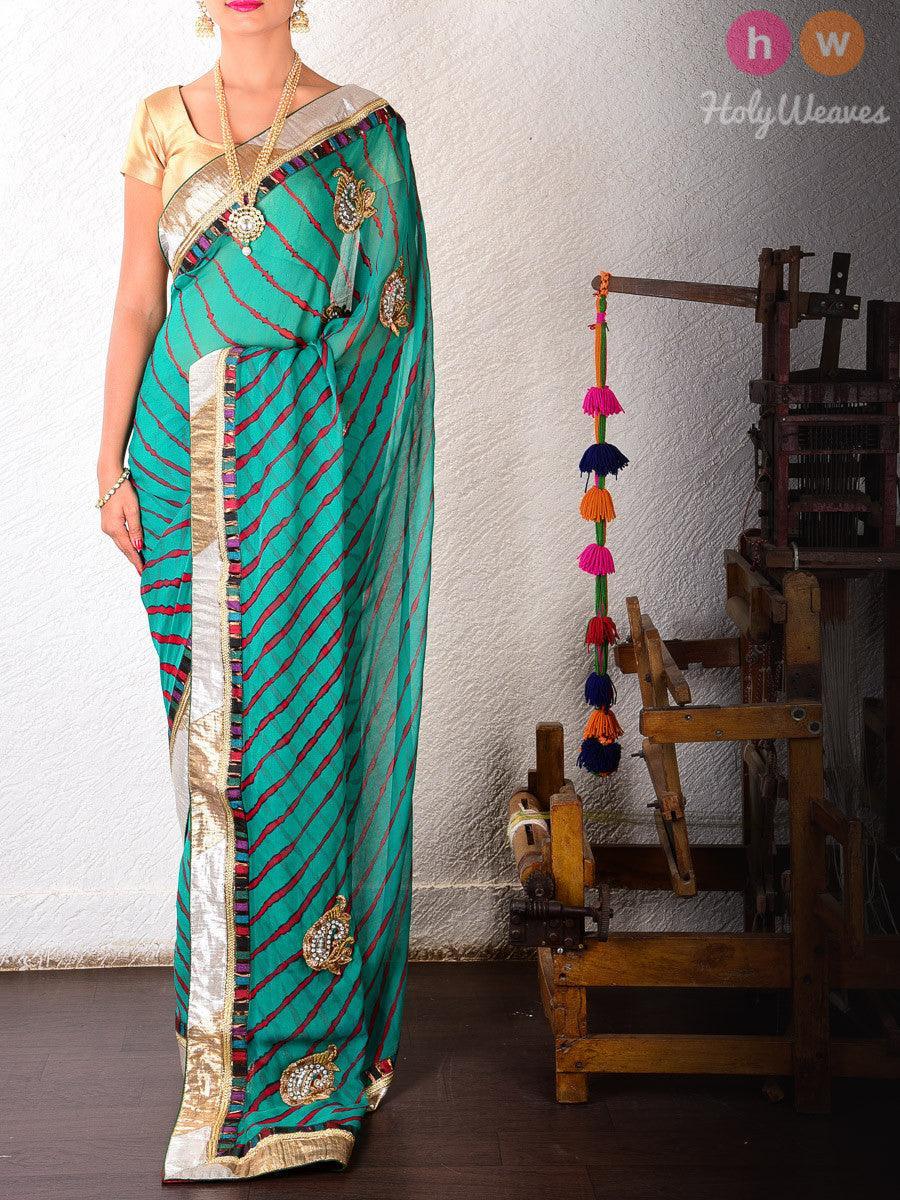 Green Georgette Bandhani Saree - By HolyWeaves, Benares