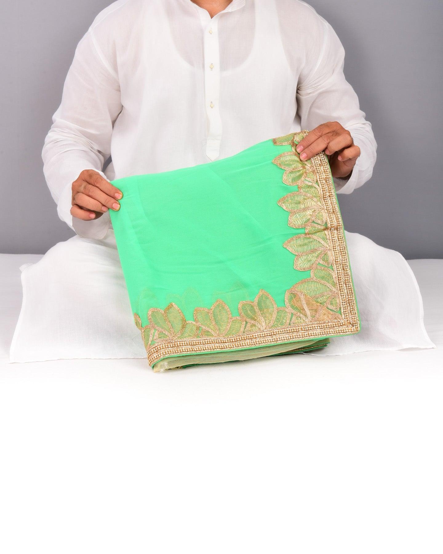 Green Georgette Embroidered Saree - By HolyWeaves, Benares