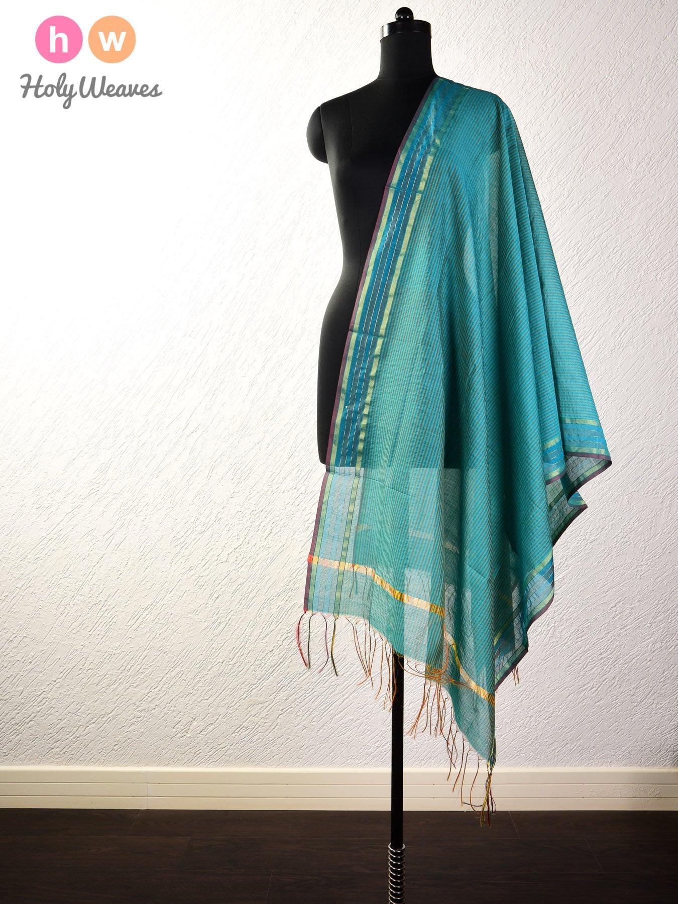 Green Gingham Stripes Woven Cotton Silk Dupatta - By HolyWeaves, Benares