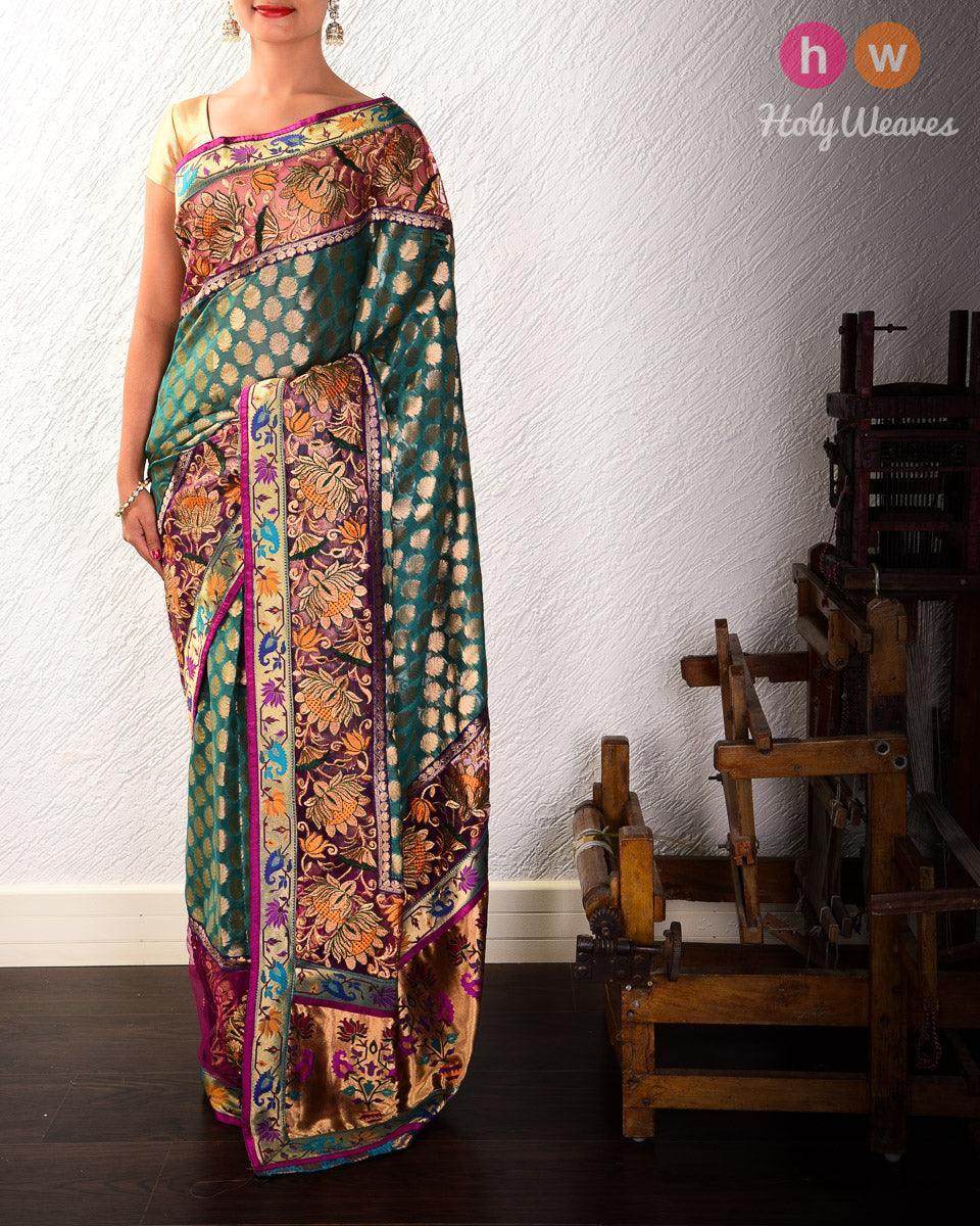 Green Hand-embroidered Art Silk Saree - By HolyWeaves, Benares