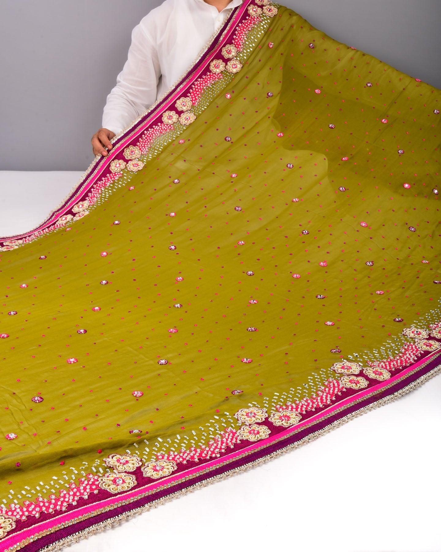 Green Hand-embroidered Georgette Saree - By HolyWeaves, Benares